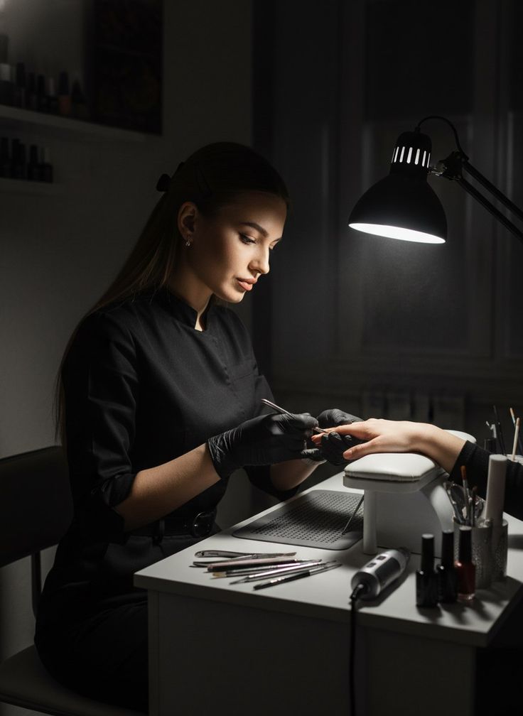 Professional nail technician carefully painting intricate nail art on a client’s nails in a clean, modern nail studio, demonstrating skill and precision