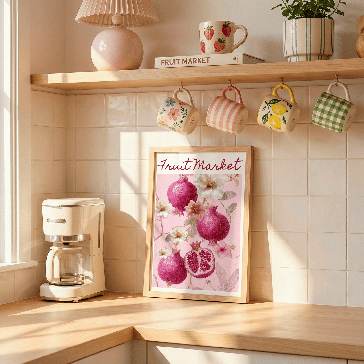 fruit market wall art, pomegranate wall art, pink floral poster, kitchen wall art printable, vintage fruit illustration, botanical wall art, pink aesthetic wall decor, digital download wall art, printable kitchen art, 24x36 wall art