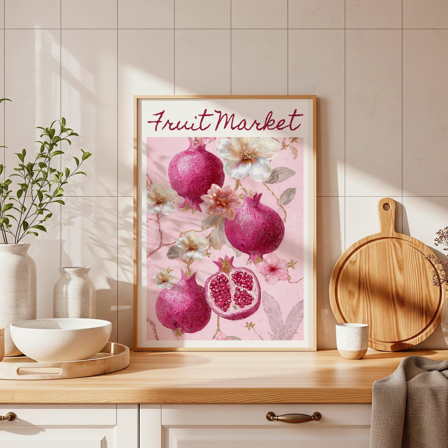 fruit market wall art, pomegranate wall art, pink floral poster, kitchen wall art printable, vintage fruit illustration, botanical wall art, pink aesthetic wall decor, digital download wall art, printable kitchen art, 24x36 wall art
