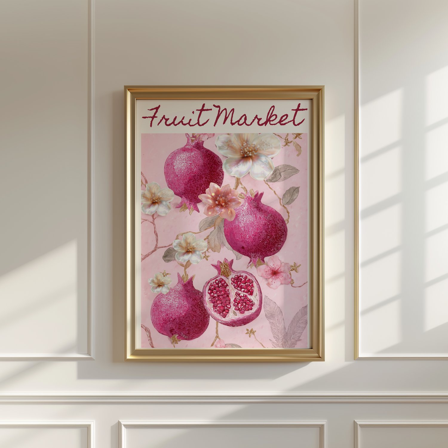 fruit market wall art, pomegranate wall art, pink floral poster, kitchen wall art printable, vintage fruit illustration, botanical wall art, pink aesthetic wall decor, digital download wall art, printable kitchen art, 24x36 wall art
