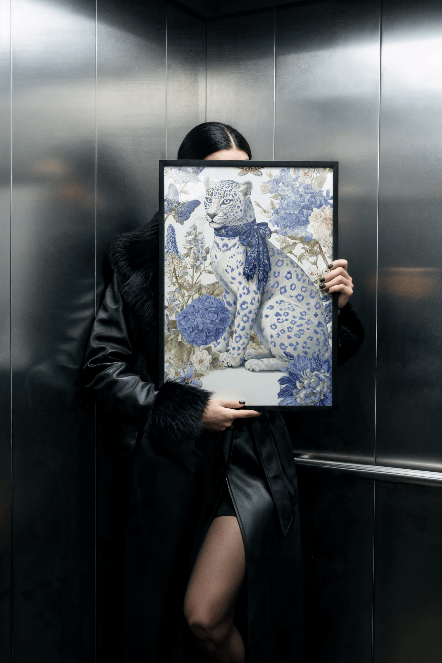 blue leopard wall art, leopard floral print, fashion animal wall art, botanical leopard illustration, blue aesthetic wall decor, elegant wall art printable, digital download wall art, printable animal art, chic wall decor, 24x36 wall art