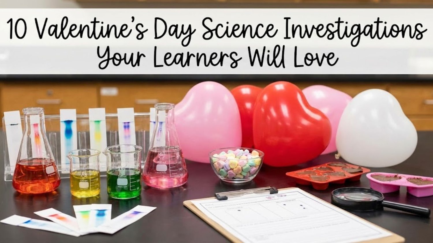 A featured image for a blog post with the title text "10 Valentine's Day Science Investigations Your Learners Will Love" across the top. The image displays a collection of science equipment and Valentine's Day-themed items arranged on a black laboratory t