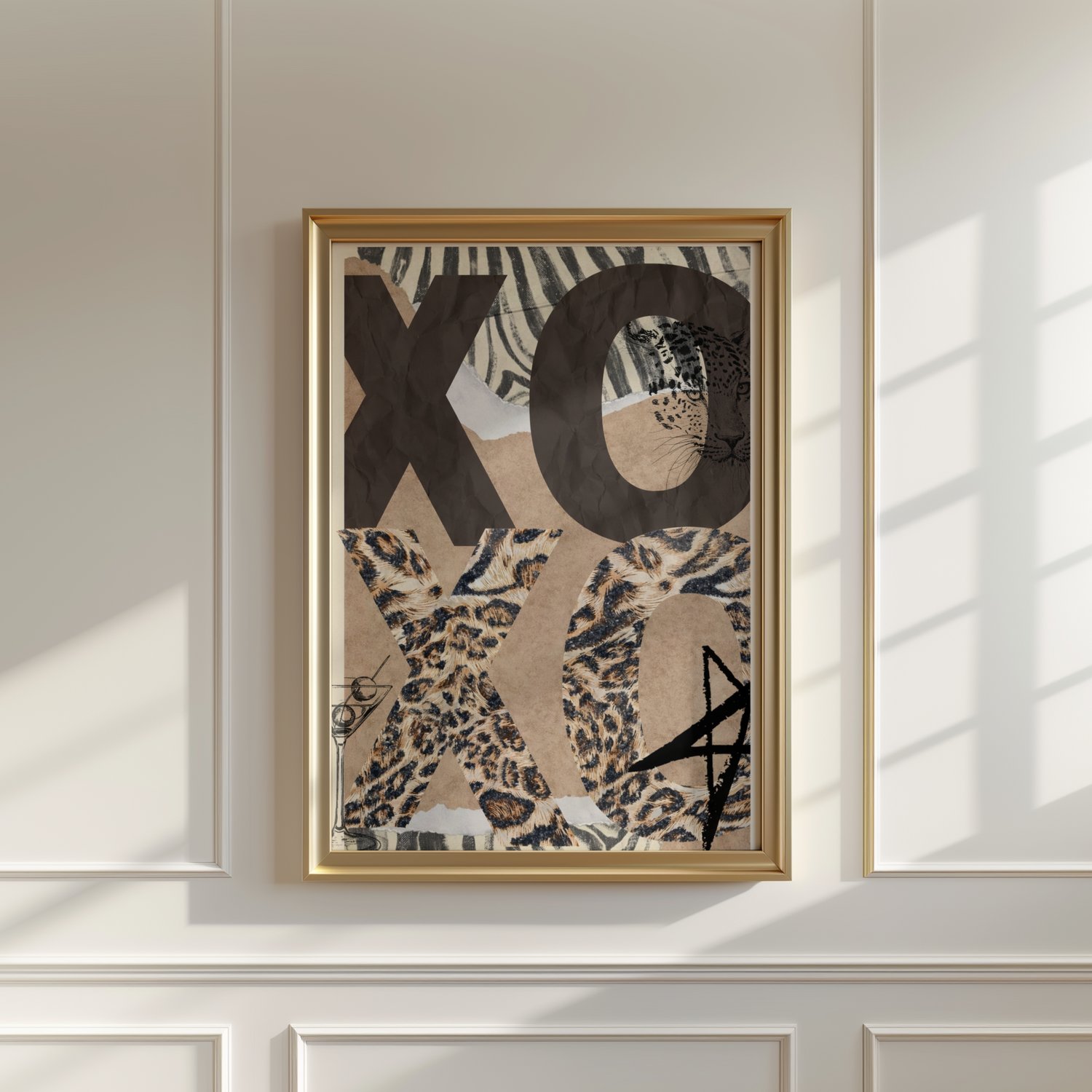 XO XO wall art, leopard wall art, animal print poster, modern typography wall art, mixed media collage print, bold wall decor, fashion inspired wall art, digital download wall art, printable wall art, contemporary animal decor,