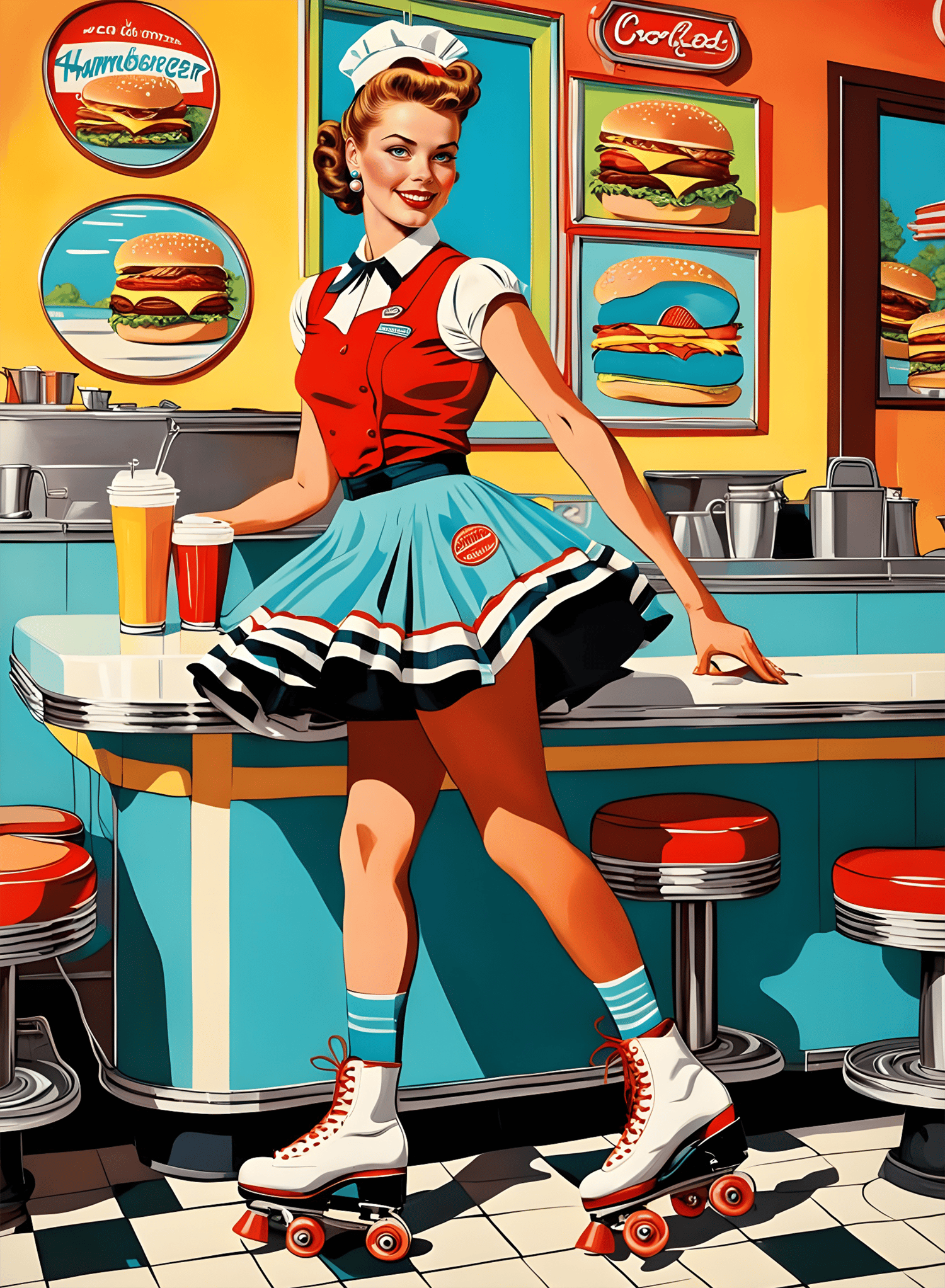 Roller skating waitress serving at a 1950s diner