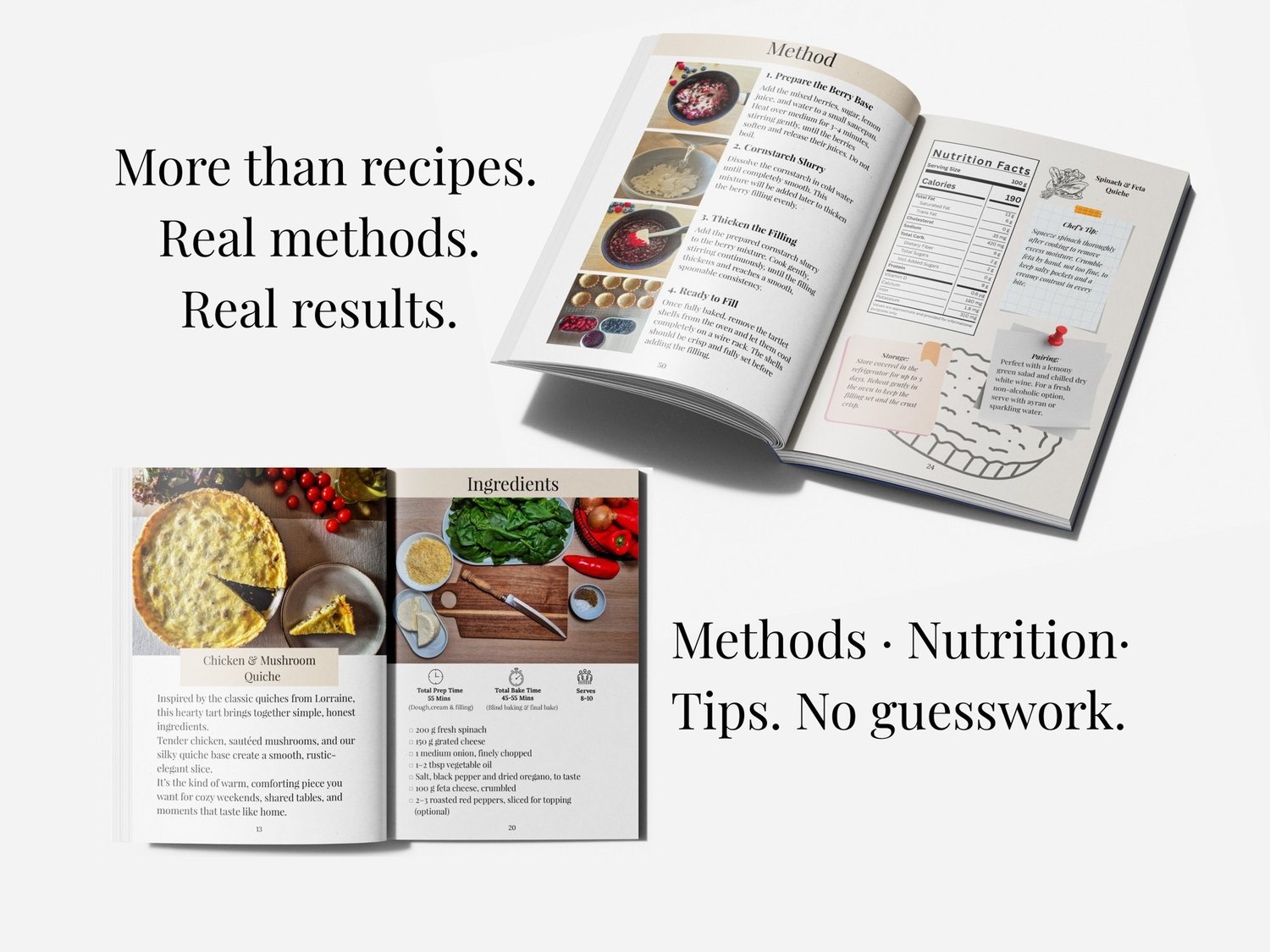 Inside BakeWorld recipe book showing step by step tart and quiche methods with clear instructions