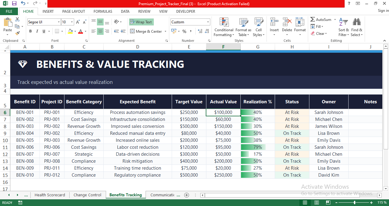 Benefits and value tracking sheet in Excel showing expected versus actual project benefits, realization percentages, and value status.