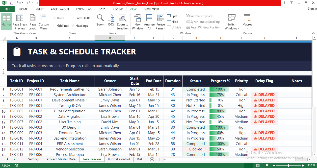 Excel task and schedule tracker for multiple projects showing task progress, start and end dates, priorities, delays, and completion status.