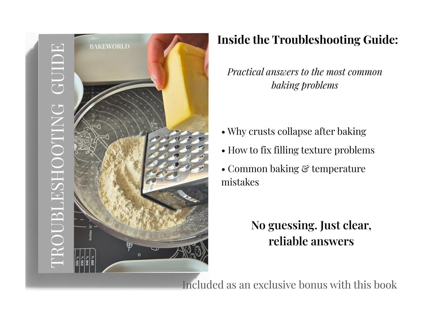 Baking troubleshooting guide included with BakeWorld cookbook to fix common tart and quiche mistakes