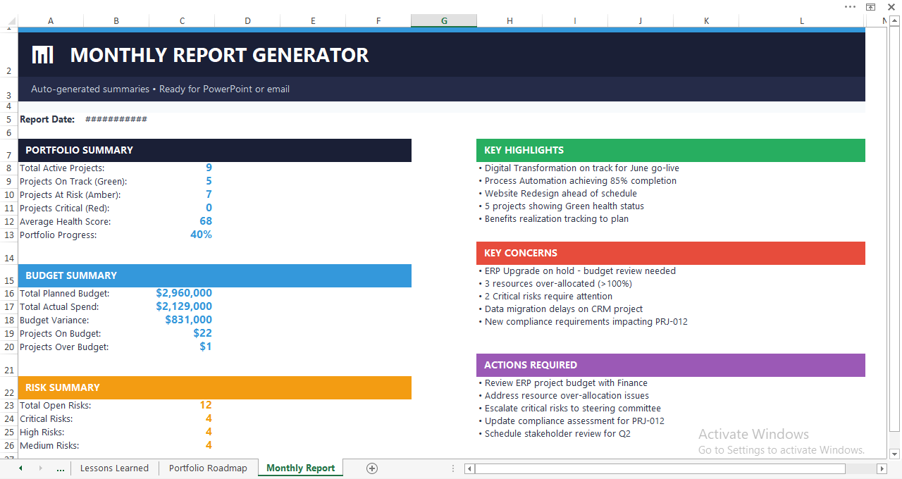 Issues and decisions log in Excel used for tracking project issues, decisions, ownership, due dates, and resolution status.