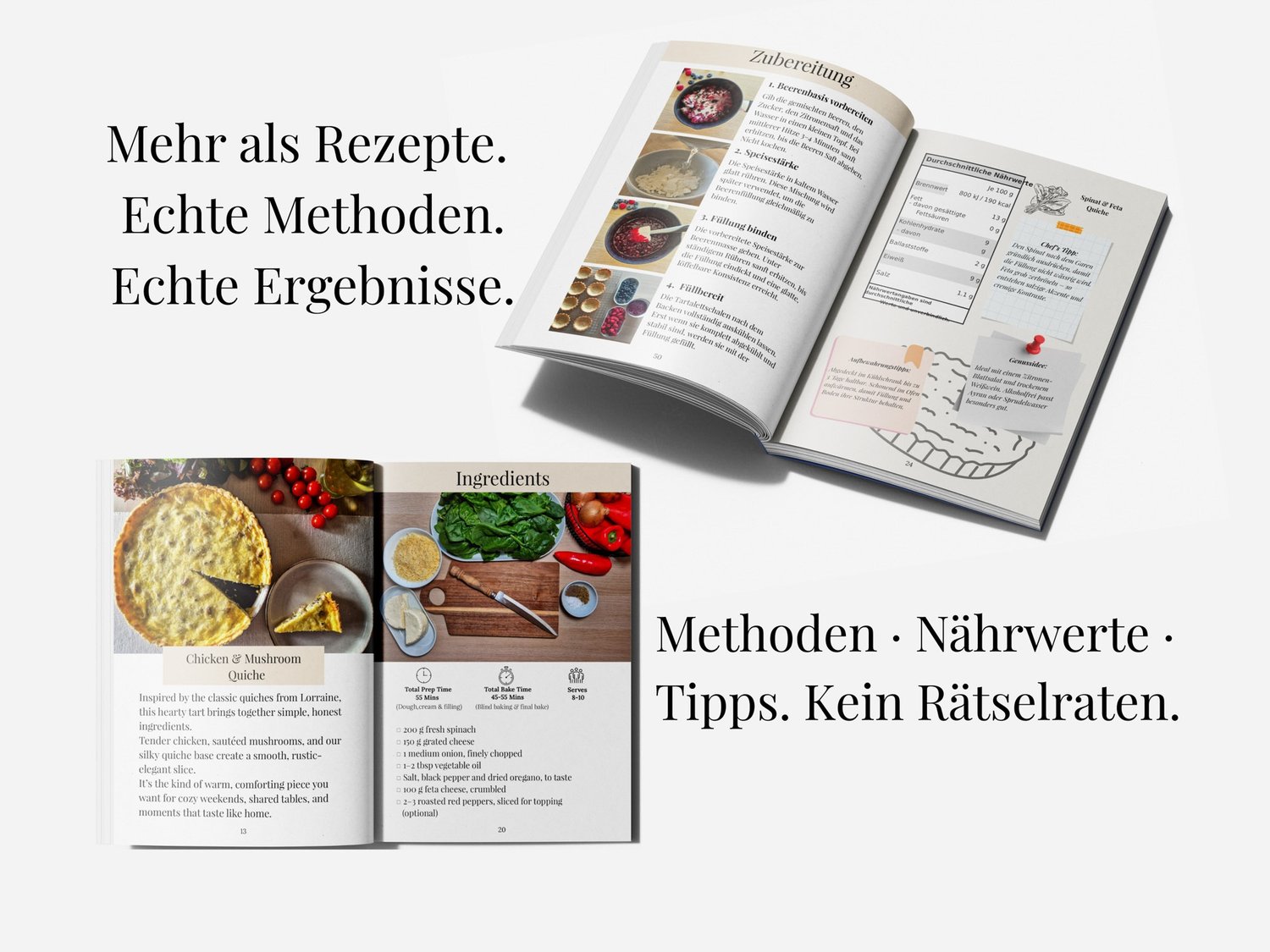 Einblick in das BakeWorld Rezeptbuch mit Schritt-für-Schritt-Methoden für Tartlets und Quiches