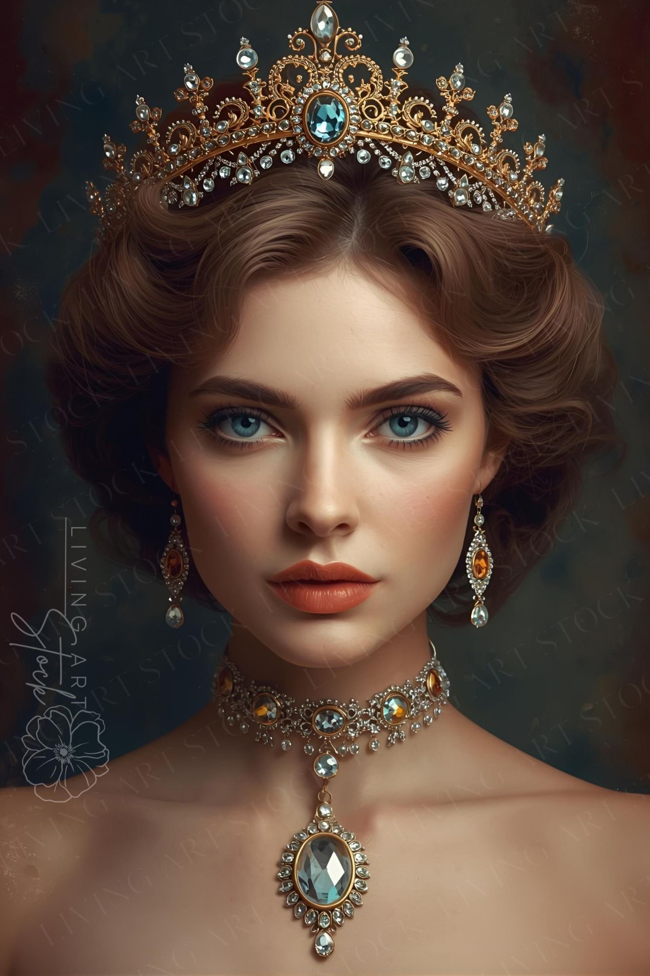 A high-resolution, cinematic portrait of a young woman embodying royalty. She features a symmetrical, poised expression with piercing blue eyes and soft, classical makeup. She wears an intricately detailed gold crown encrusted with blue and white gemstone