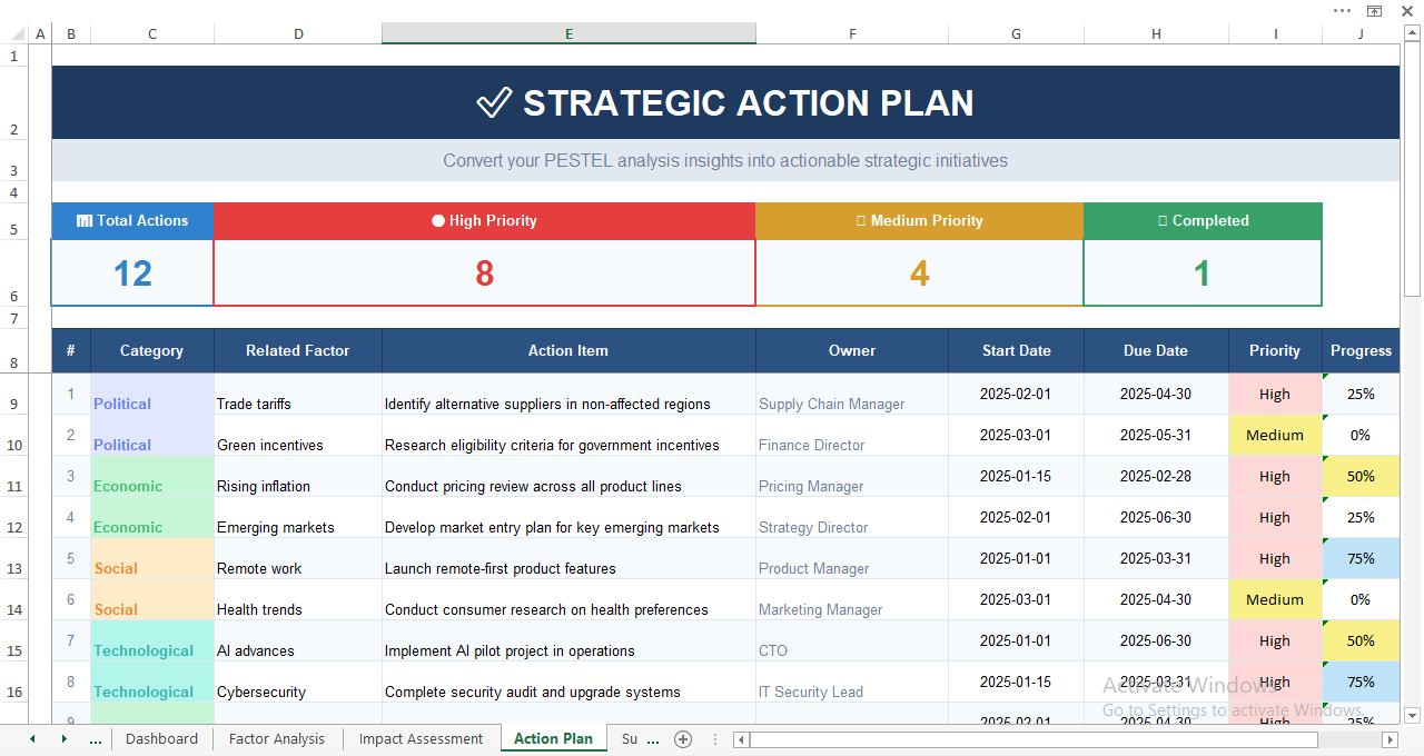 Strategic action plan Excel template linked to PESTEL analysis with owners, timelines, priorities, and progress tracking