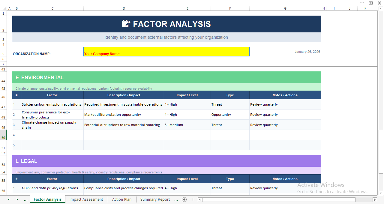 PESTEL factor analysis worksheet in Excel documenting external political, economic, social, technological, environmental, and legal factors