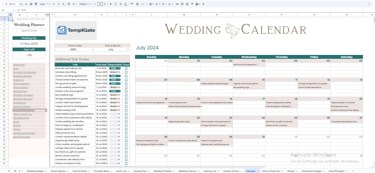 Wedding planning calendar Google Sheets template showing tasks and deadlines organized by month and date
