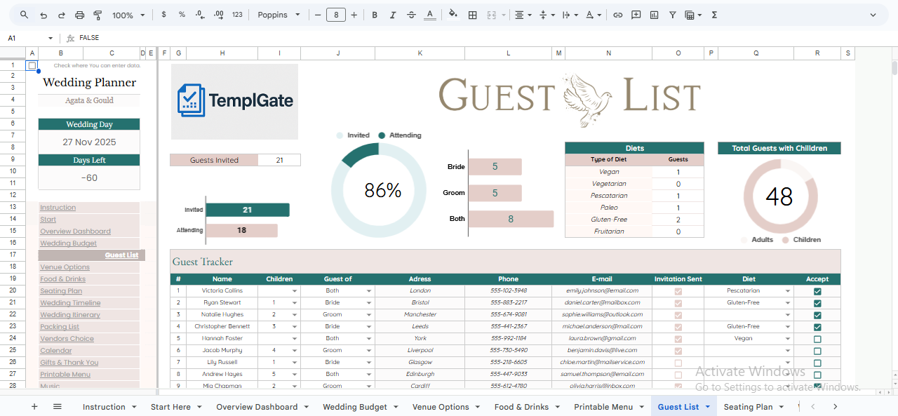 Wedding guest list tracker in Google Sheets with invitation status, attendance confirmation, dietary preferences, and guest statistics