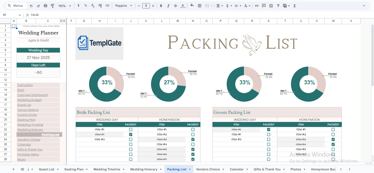 Wedding and honeymoon packing list Google Sheets template for bride and groom with packed status and progress charts