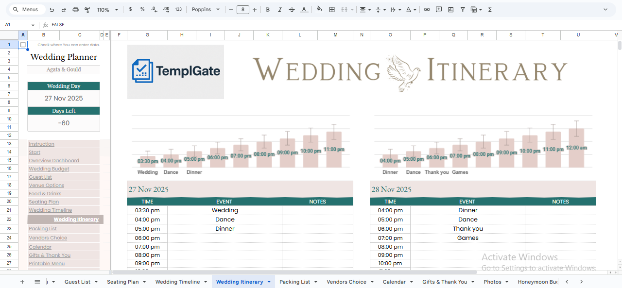 Wedding day itinerary Google Sheets template with time-by-time schedule, events, notes, and visual timeline charts