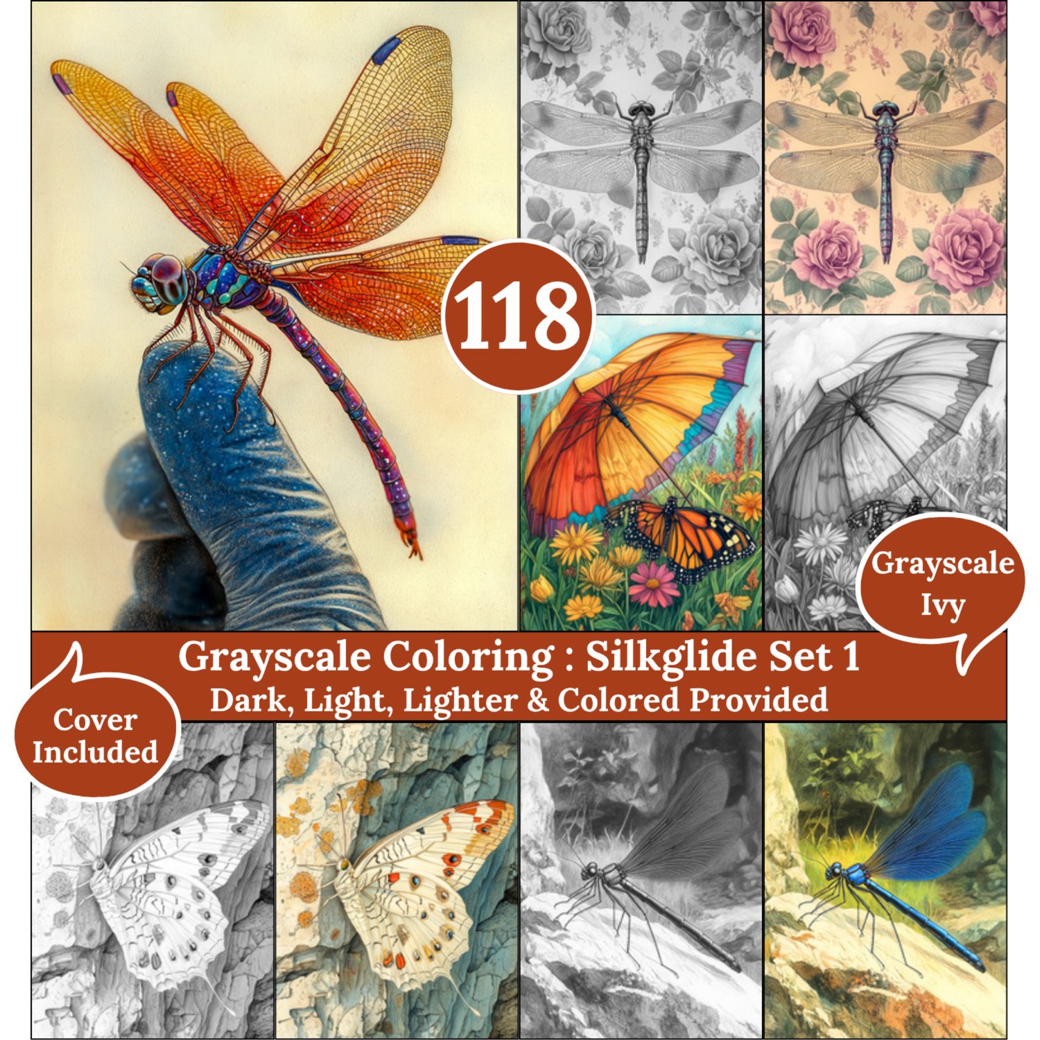 Custom Order Silkglide Set 1, 118 Coloring Pages, Grayscale Drawings, Dark Light Lighter and Colored Versions, , Butterflies and Dragonflies