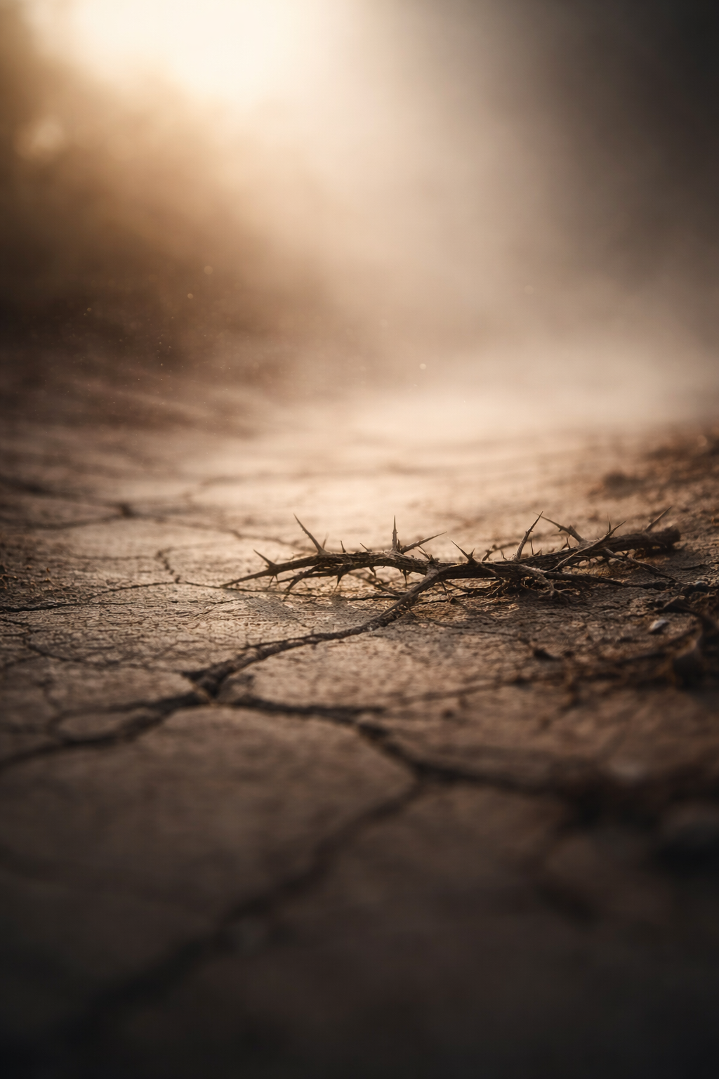Paysage minéral fissuré à l’aube, éclairé par une lumière douce et rasante, avec une branche d’épine sèche posée sur le sol, symbolisant la blessure intérieure traversée par la grâce dans un chemin spirituel de foi, de patience et de guérison silencieuse.