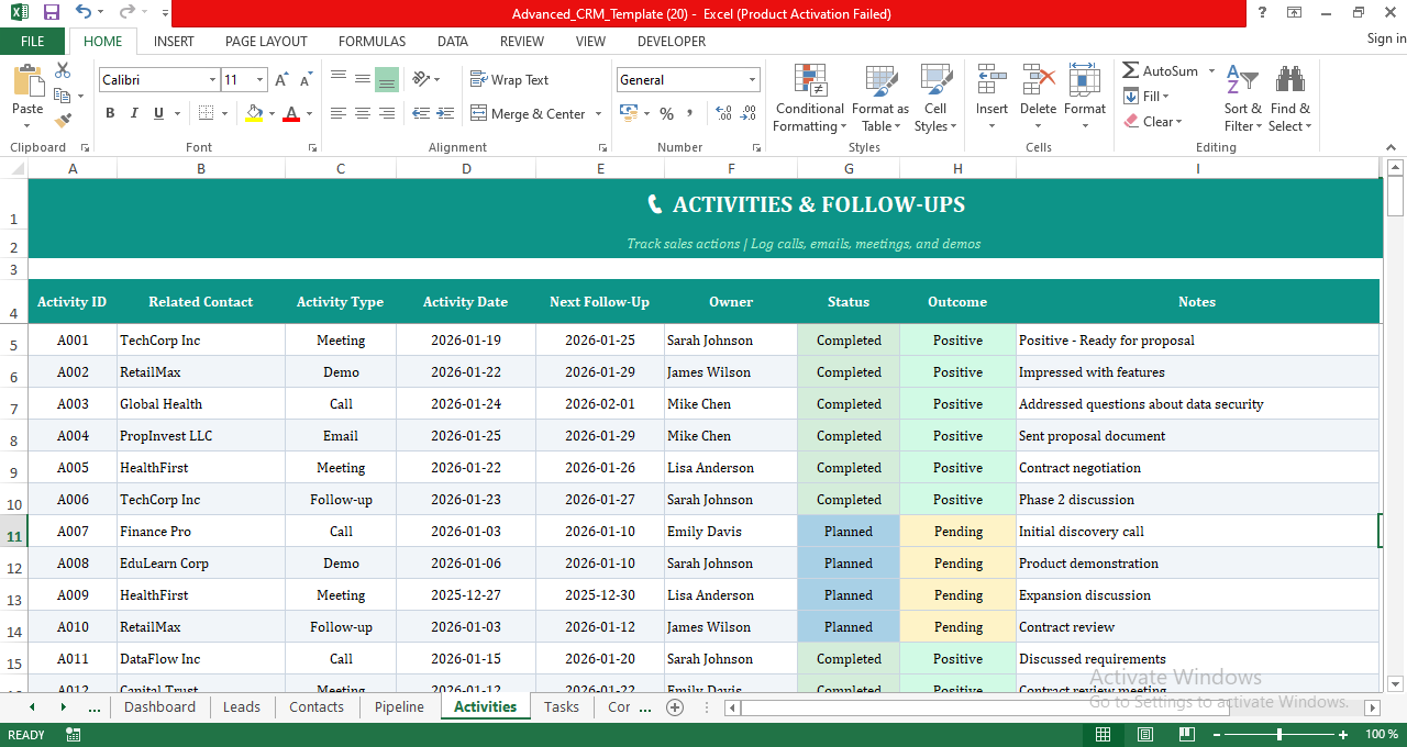 Sales activities and follow-ups log in Excel tracking calls, meetings, demos, outcomes, and next follow-up dates