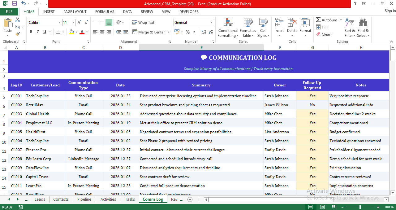 CRM communication log spreadsheet in Excel tracking emails, calls, meetings, summaries, owners, and follow-up requirements