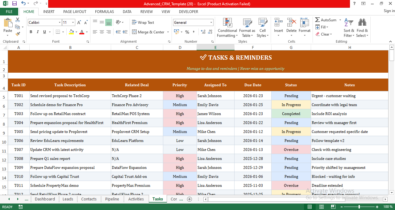 CRM tasks and reminders tracker in Excel with priorities, due dates, assigned owners, and status monitoring