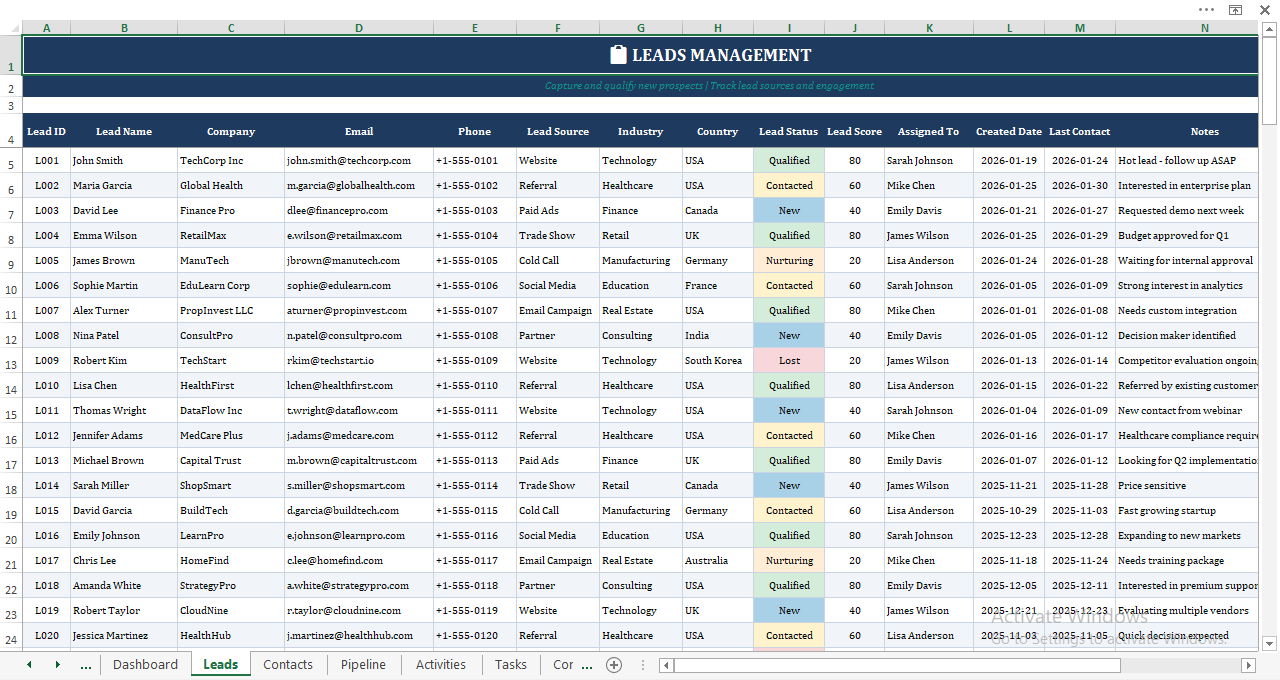 Leads management CRM spreadsheet in Excel with lead scoring, lead sources, statuses, owners, and follow-up tracking