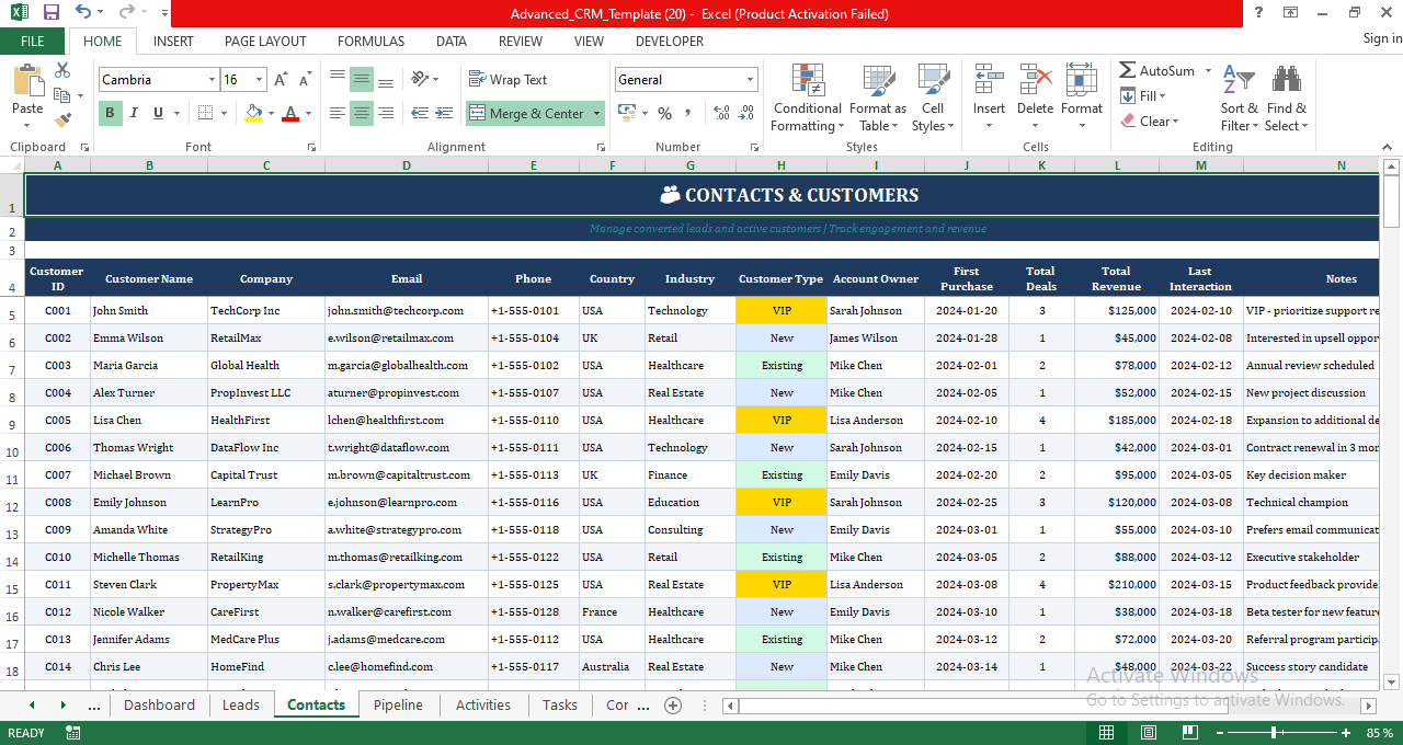 Leads management CRM spreadsheet in Excel with lead scoring, lead sources, statuses, owners, and follow-up tracking