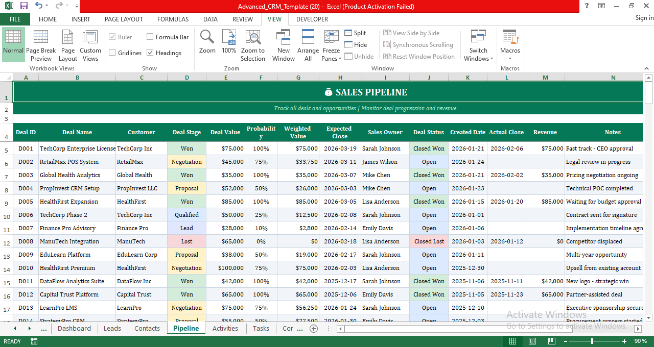 Sales pipeline management spreadsheet in Excel showing deal stages, probabilities, expected close dates, and revenue tracking