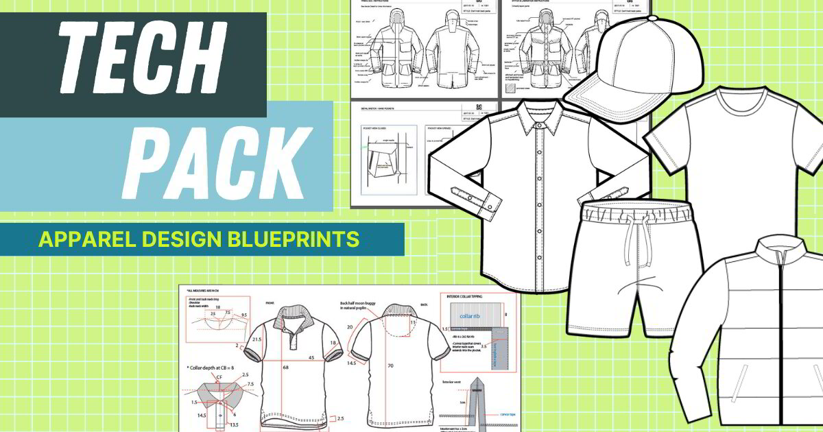 Digital illustration featuring technical drawings of streetwear apparel—shirt, shorts, t-shirt, cap—and design blueprints, with the text 