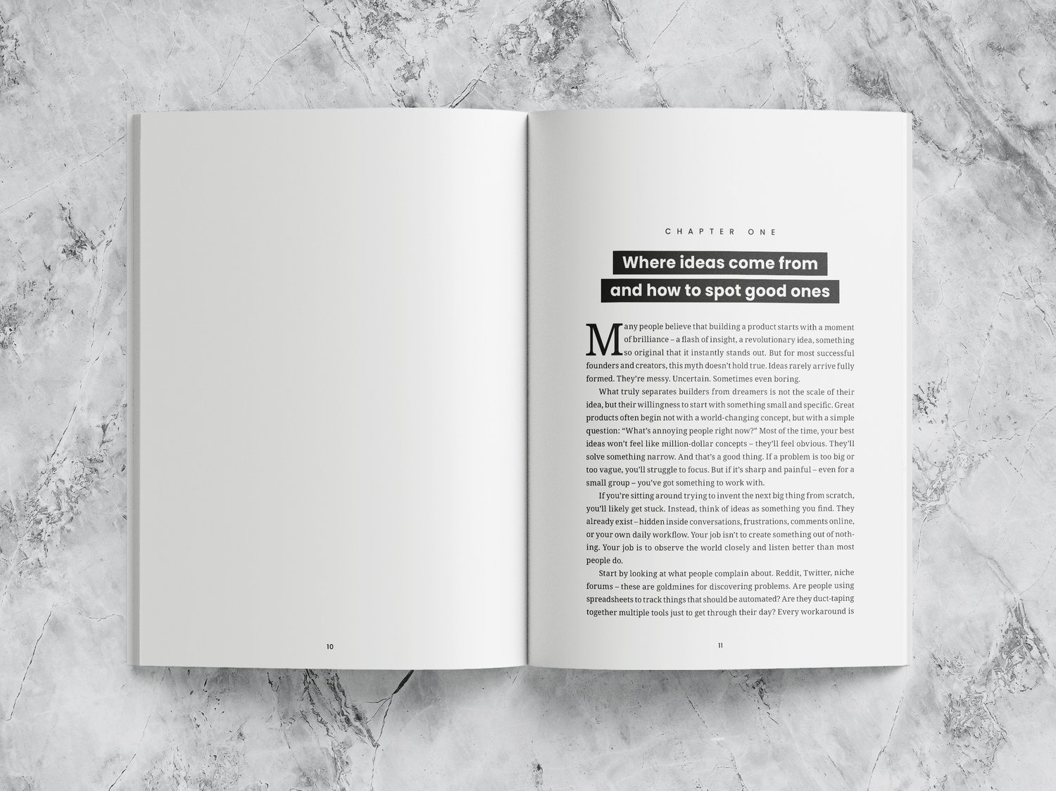 Open book displaying the title “Where ideas come from and how to spot good ones.” The text is black on a white page. The book lies on a marble surface.