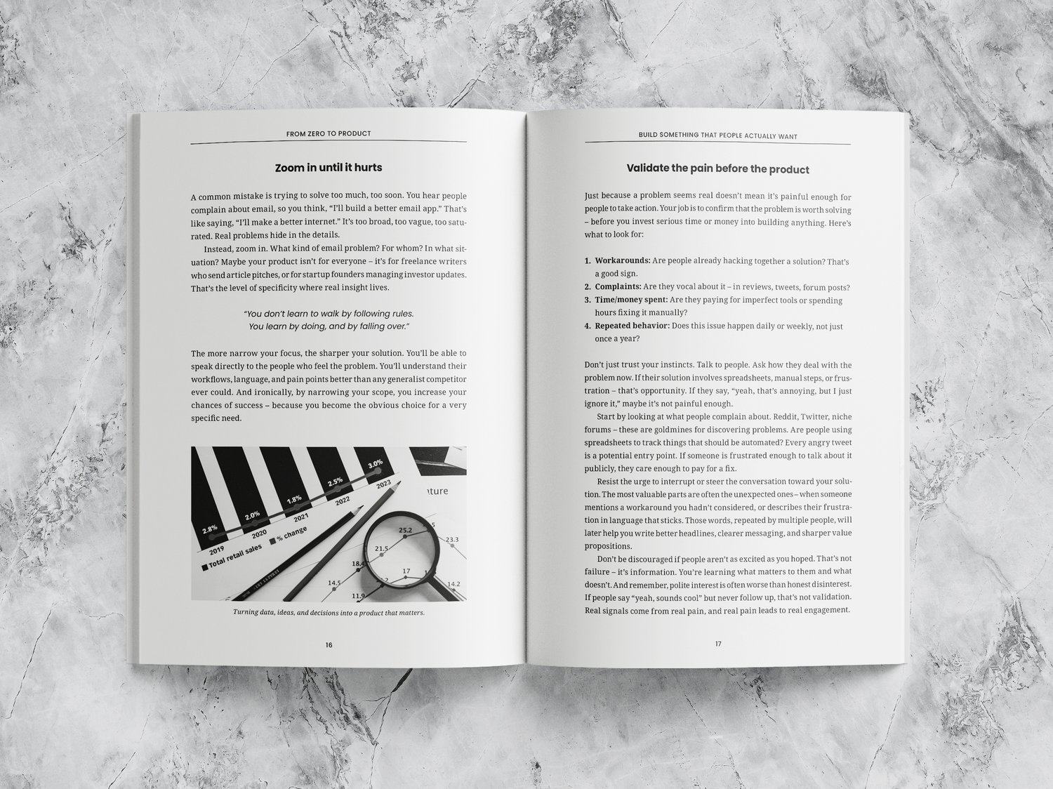 Mockup of an open book with text and an image of a diagram with a magnifying glass. The left page reads “Zoom in until it hurts.” The right page reads “Validate the pain before the product.”