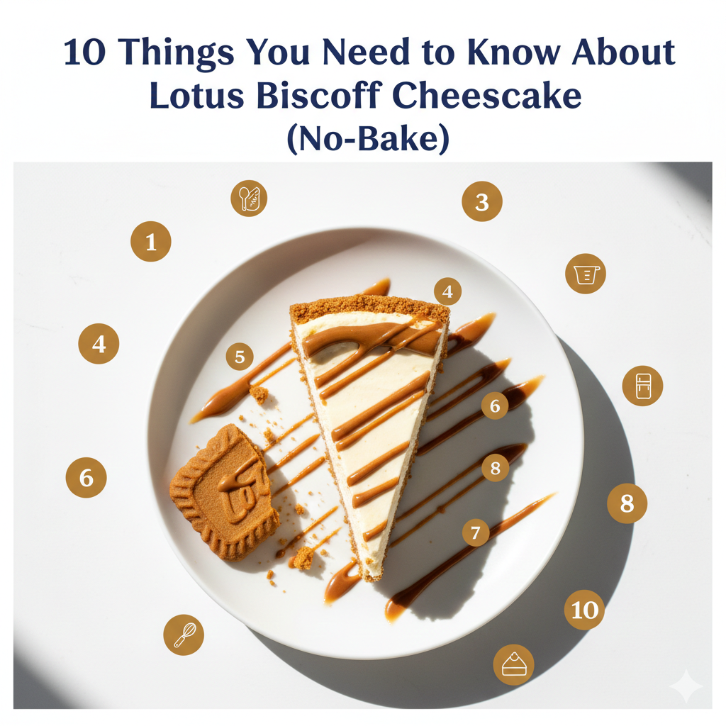 Lotus Biscoff Cheesecake on white plate, no-bake creamy cheesecake with golden Biscoff cookie crust, drizzled with Lotus spread, decorated with Biscoff cookies, digital recipe PDF cover for ‘10 Things You Need to Know About Lotus Biscoff Cheesecake’, clea