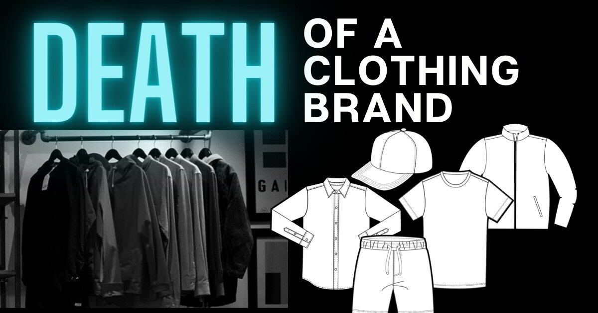 Image depicting the decline of a clothing brand, showcasing streetwear designs, t-shirts, and tech pack elements.