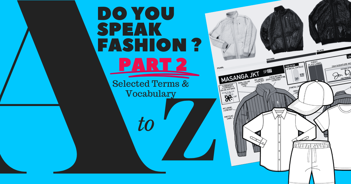 A collage of fashion items representing A to Z vocabulary, featuring streetwear styles, t-shirts, and design tech packs.