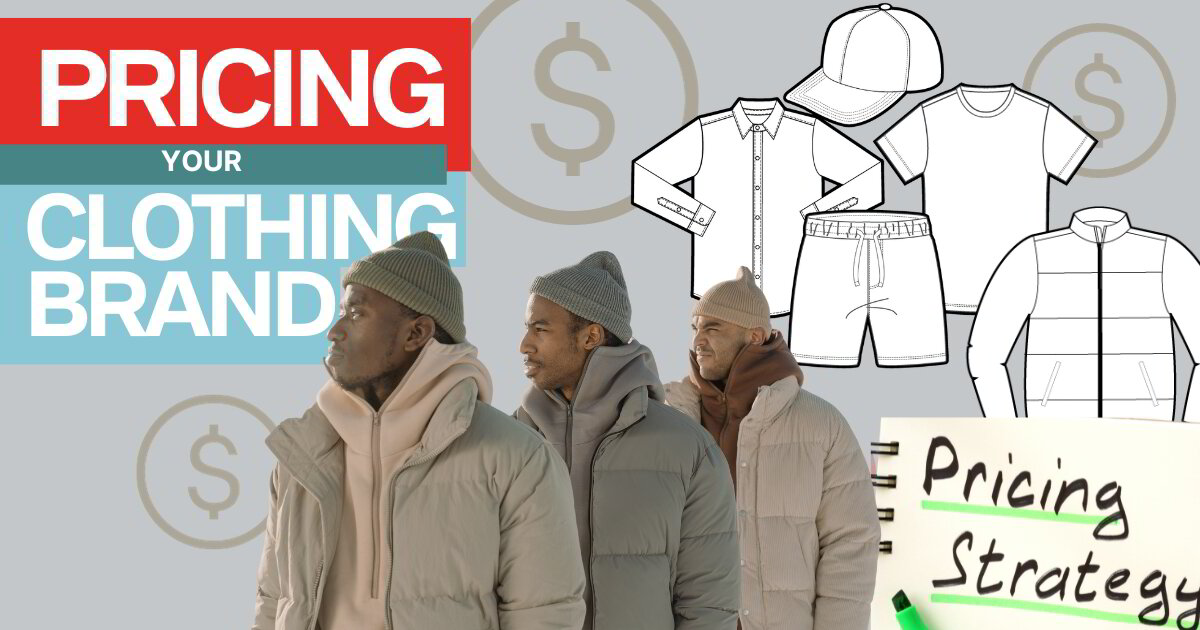 Three men in winter attire next to a sign discussing pricing for a clothing brand, emphasizing fashion and tech pack design.