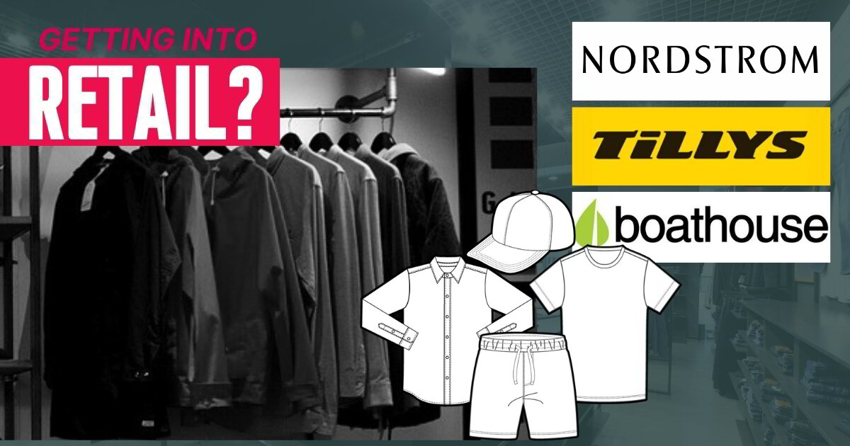 Fashion retail display with clothing brand items, including stylish t-shirts and accessories in a vibrant store setting.