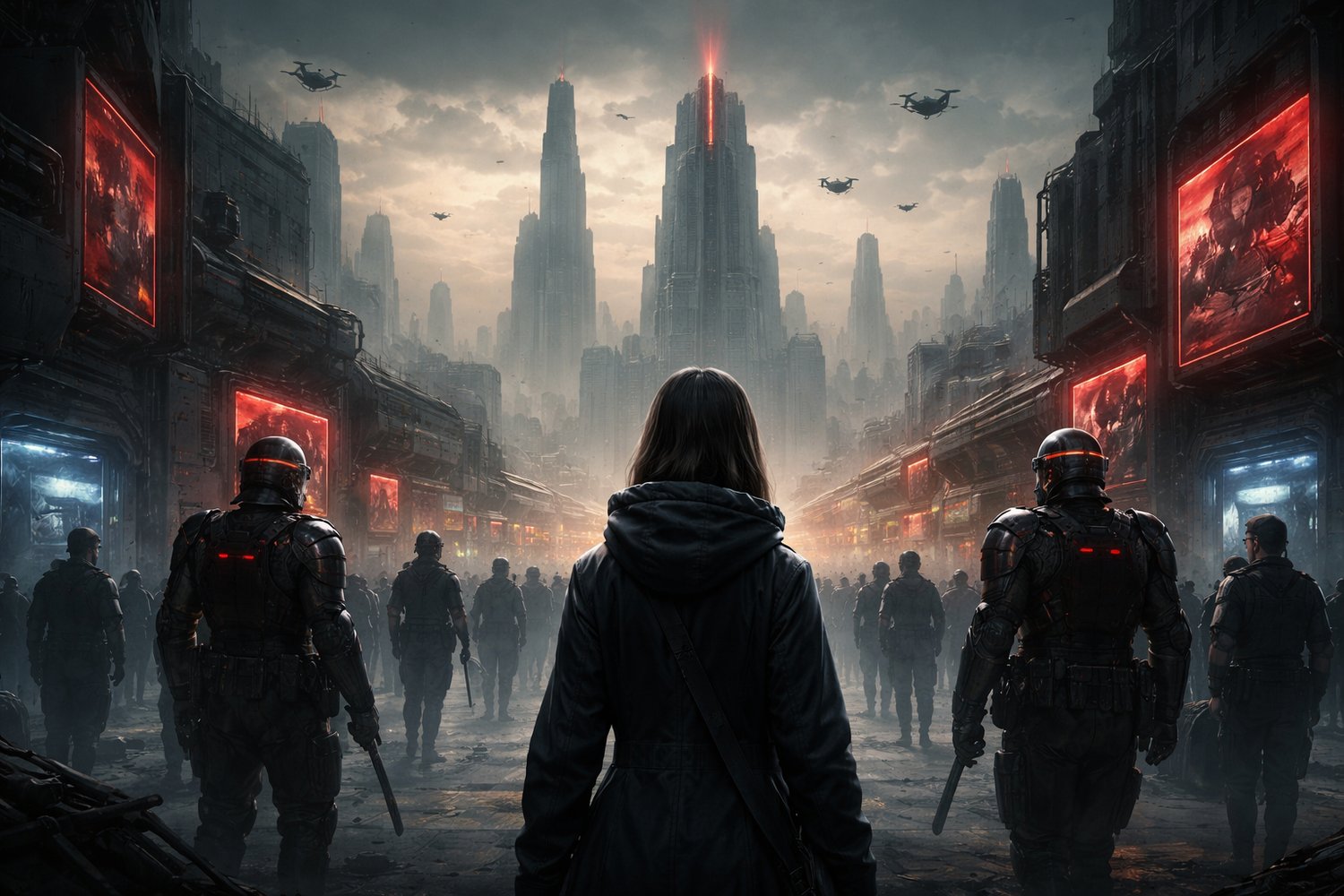 Digital painting of a dystopian city under authoritarian control, with a young woman standing in the foreground as armored enforcers march through crowded streets beneath surveillance drones and glowing propaganda screens, towering over a bleak futuristic