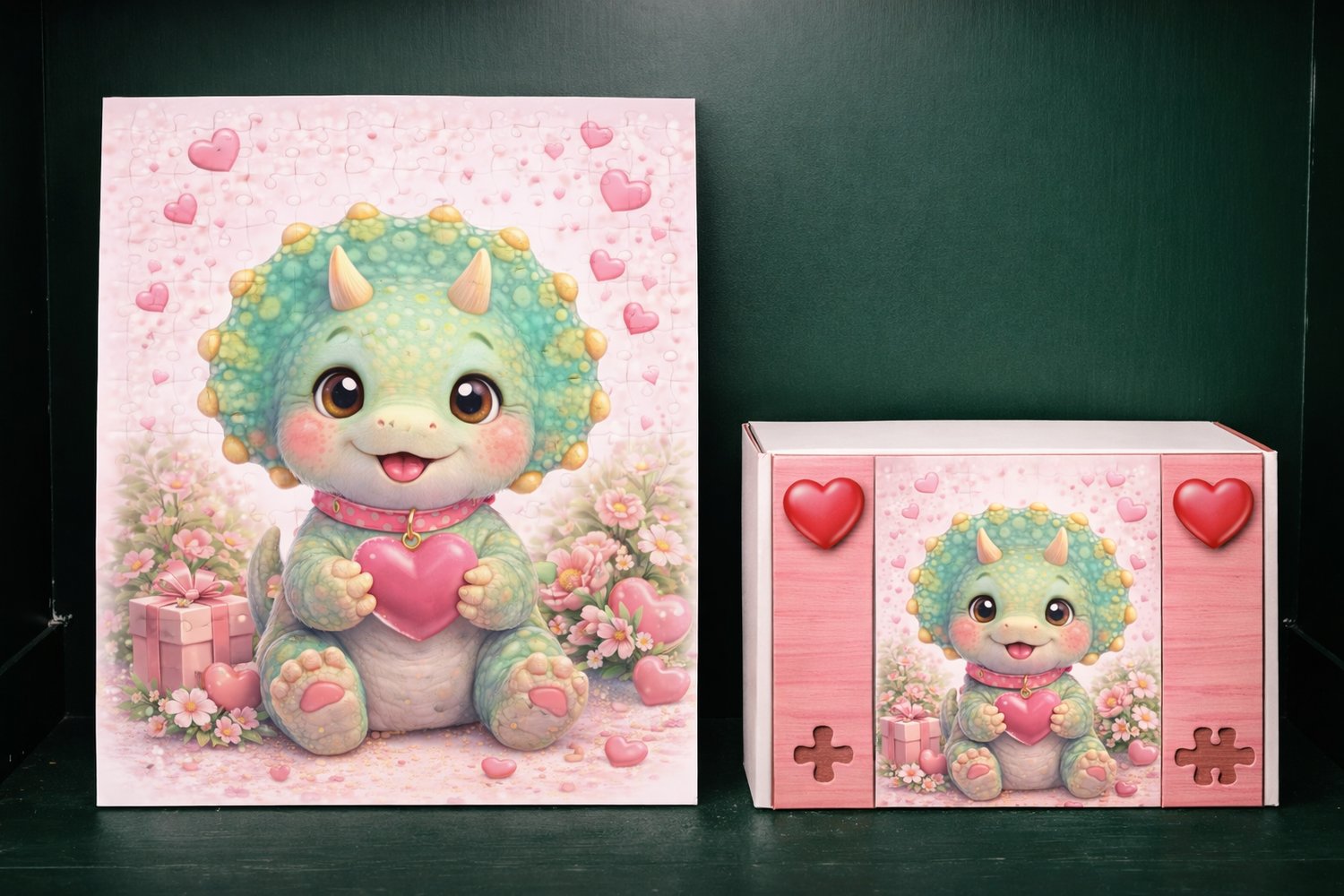 Cute Valentine’s Day dinosaur jigsaw puzzle with baby triceratops holding a heart