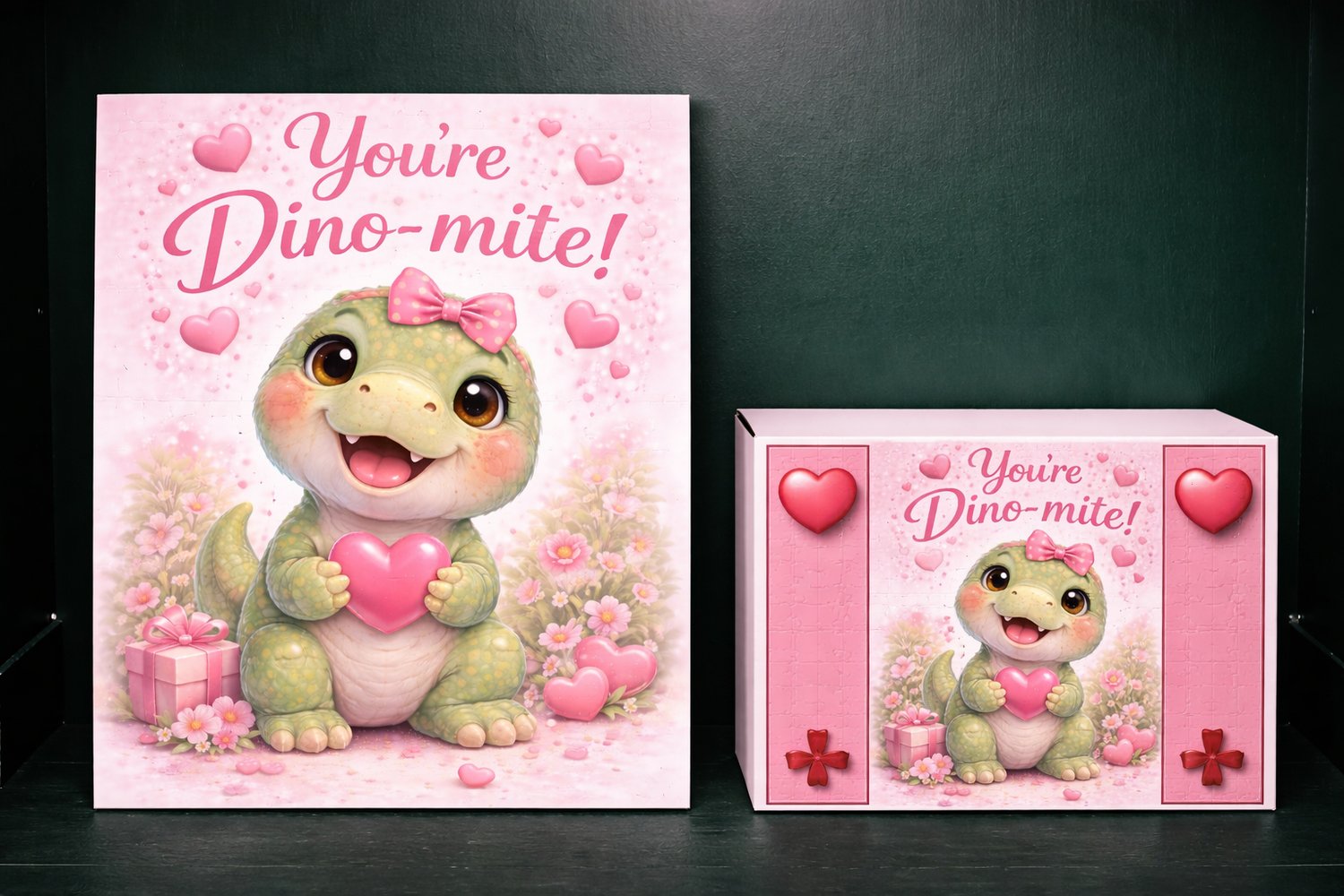 You’re Dino-mite Valentine’s Day jigsaw puzzle with cute baby dinosaur and heart artwork