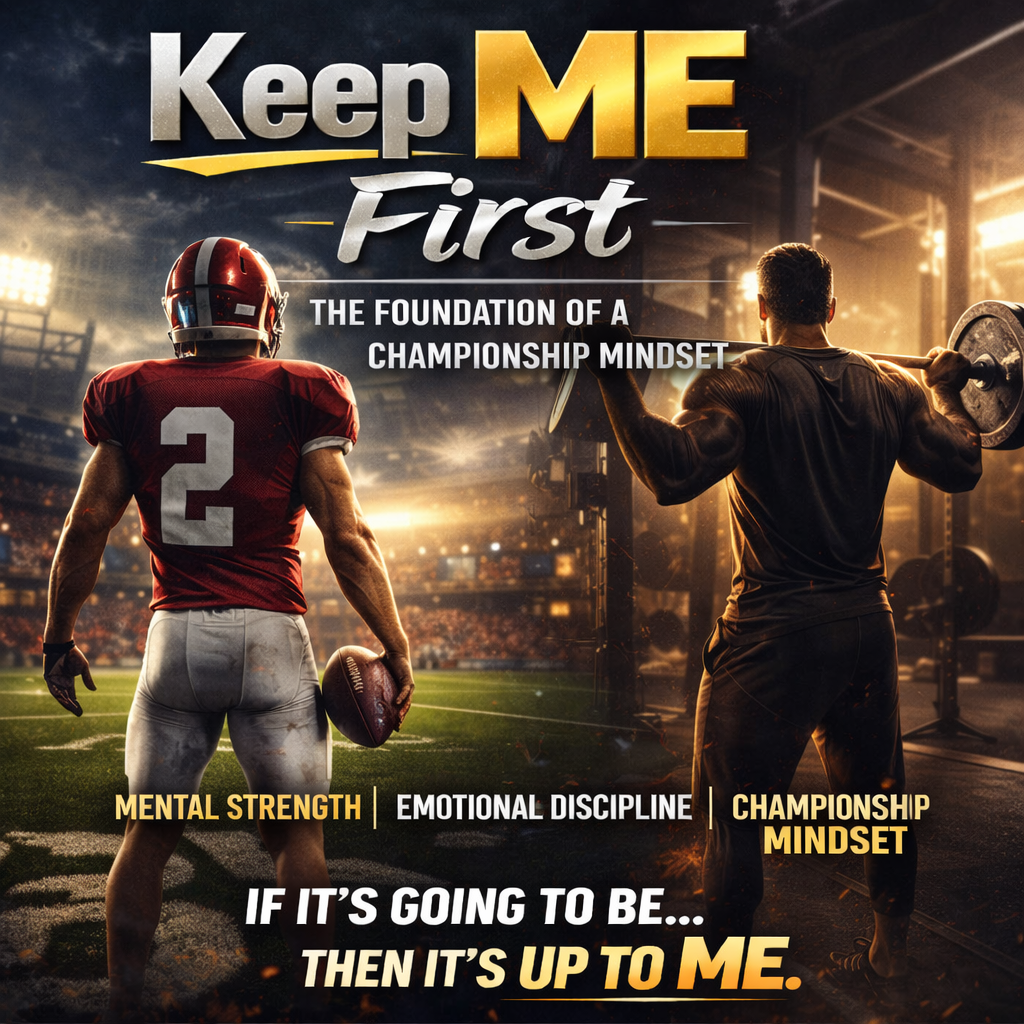 Football coach and athlete training with the message “Keep ME First,” representing mental strength, emotional discipline, and a championship mindset.