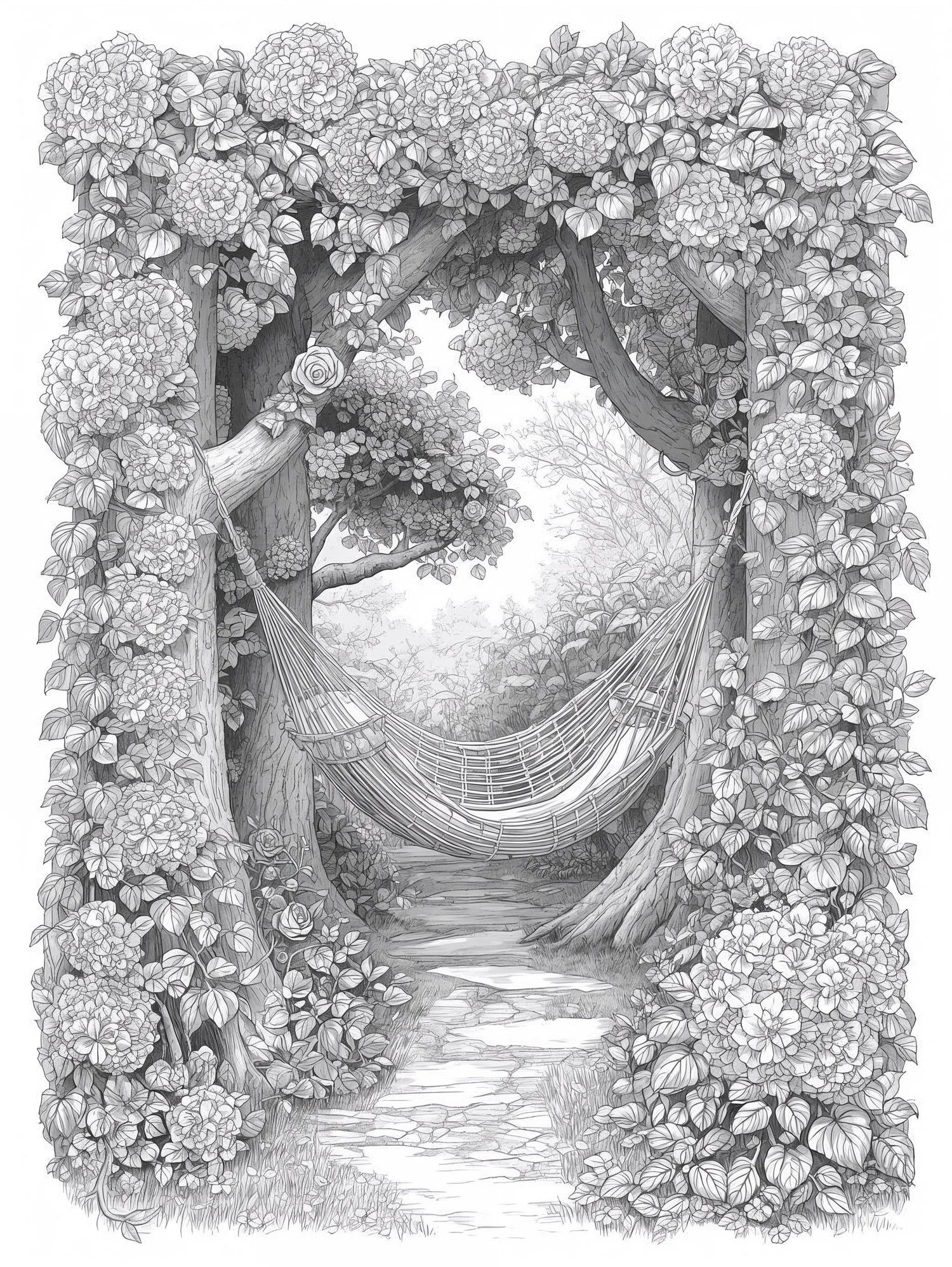 Relaxing hammock strung between two large trees in a secluded garden corner, peaceful nature line art.