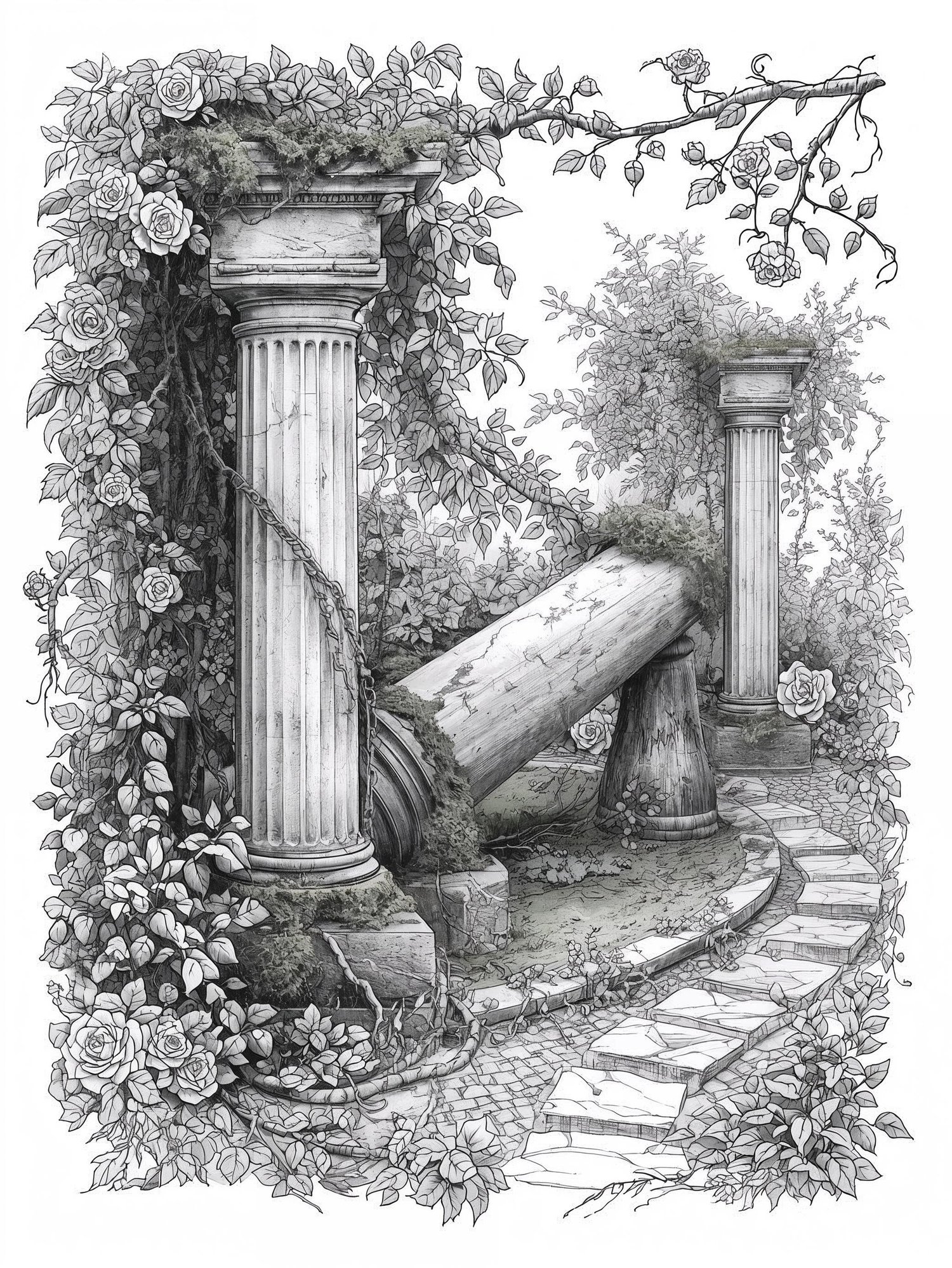 Ancient fallen stone column overgrown with vines and flowers, romantic ruins illustration for coloring.