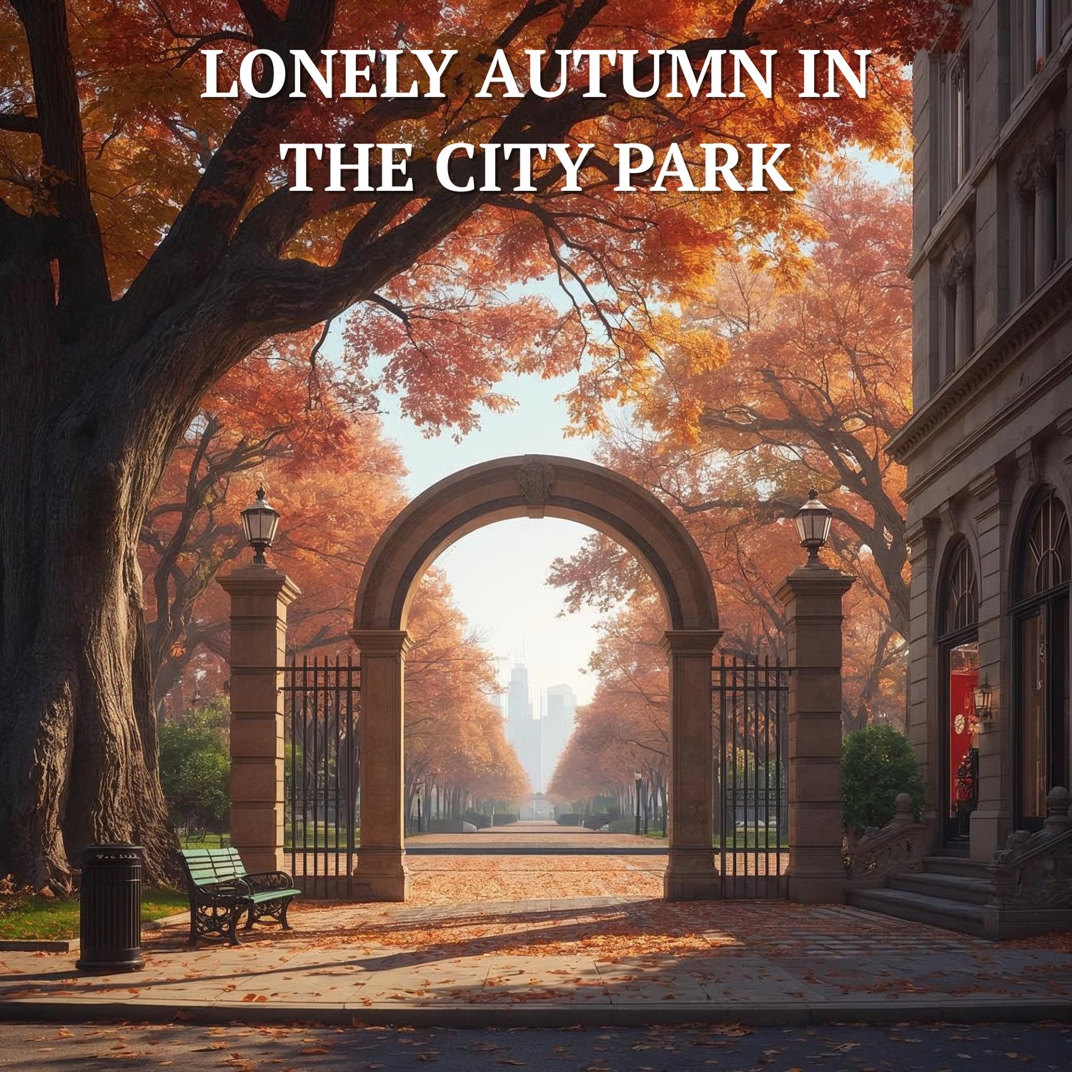 Lonely Autumn in the City Park coloring book cover, atmospheric park landscapes and city scenes, detailed PDF.