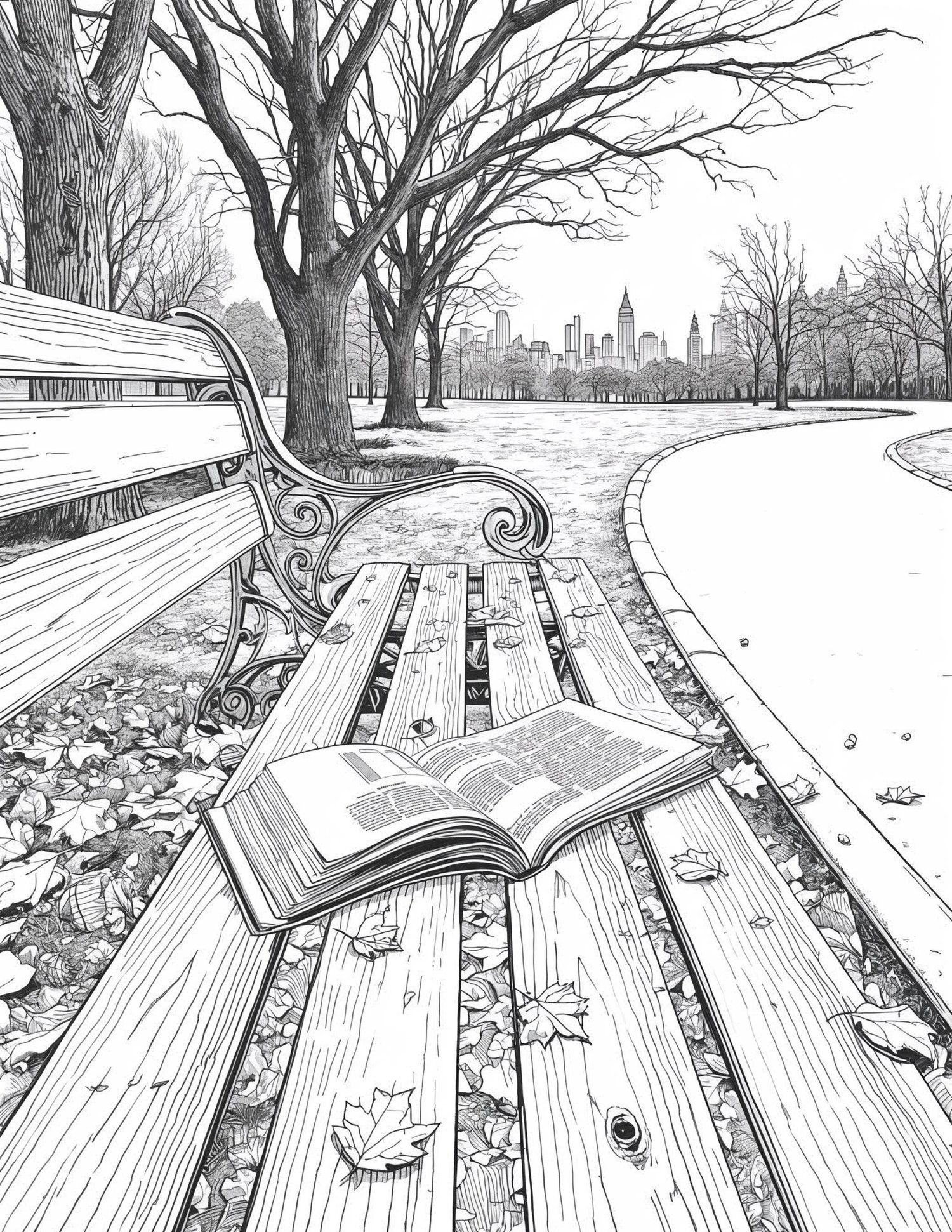 Cozy park bench with an open book, falling leaves, and nostalgic autumn atmosphere, printable page.