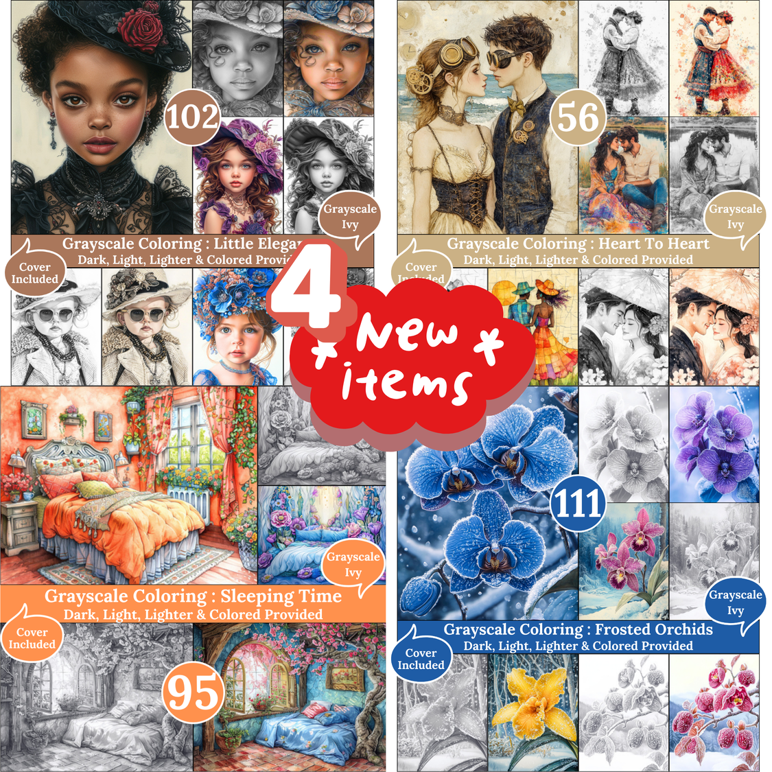 Grayscale Ivy New Arrivals — March 07, 2026 4 New Grayscale Coloring Books for Adults – Printable Digital PDFs Each book includes Dark, Light, Lighter & Colored versions, designed for calm and creative coloring moments.