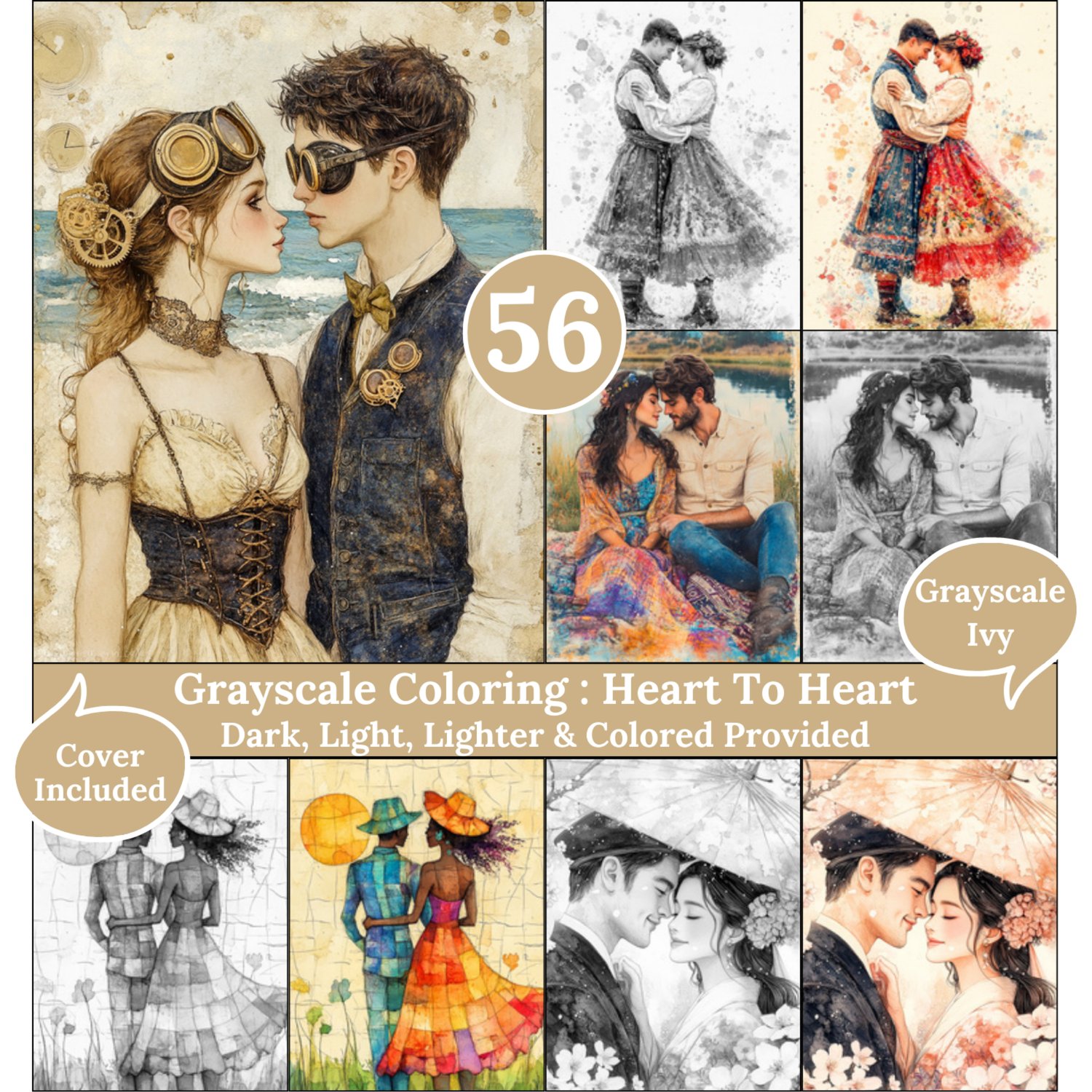 Heart To Heart, 56 Coloring Pages, Grayscale Drawings, Dark Light Lighter and Colored Versions, Digital Art Sheets, Couples in love