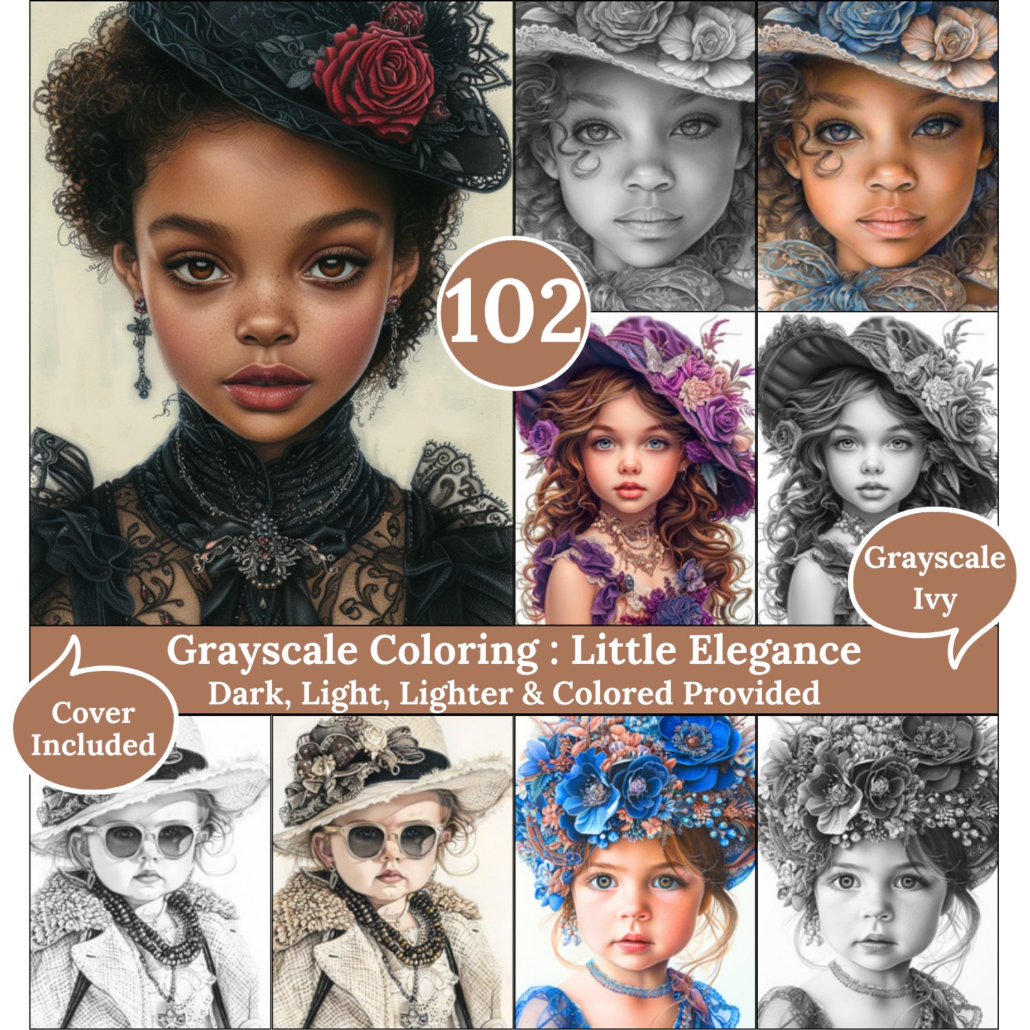 Little elegance, 102 Coloring Pages, Grayscale Drawings, Dark Light Lighter and Colored Versions, Digital Art Sheets, Victorian Black Girls