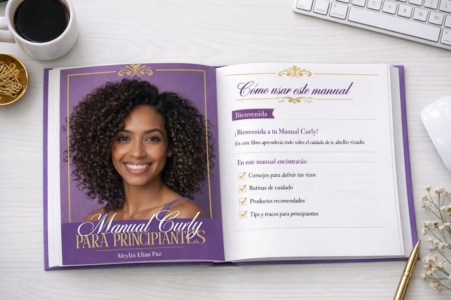 Vista interior del ebook Manual Curly para Principiantes con resumen de contenidos sobre fondo de escritorio