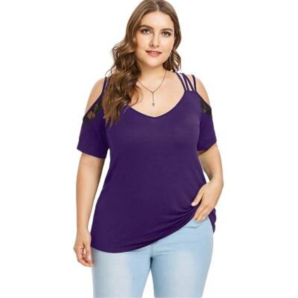 Plus size cold shoulder T-shirt with lace insert detailing, V-neck design in size 2XL.